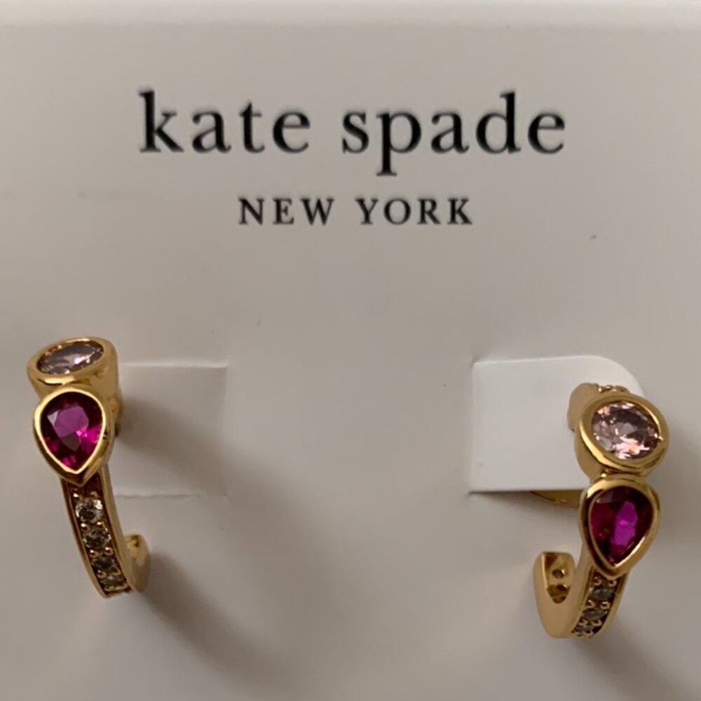 KATE SPADE Bubbly Bezel Huggie Hoop Earrings in Pink/Gold - Picture 2 of 2